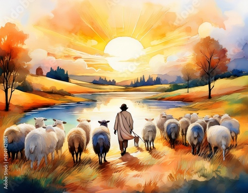 A distant watercolor landscape of sheep scattered across sun-kissed hills, with a shimmering stream curving through soft fields of emerald and sage.