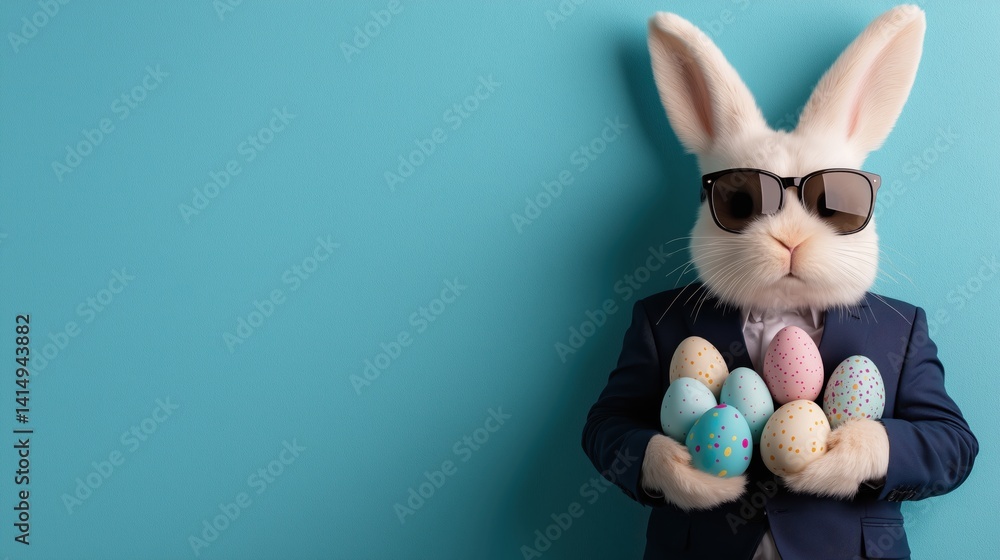 Hip Easter bunny in sunglasses holds colorful eggs against a turquoise background ready for spring celebrations