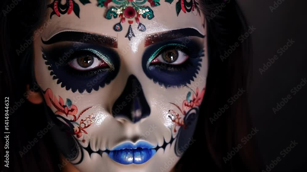 Closeup of woman with artistic Day of the Dead sugar skull makeup featuring intricate flower pattern Her expressive eyes and detailed face painting show subtle movements as she slightly turns her head Closeup of woman with artistic Day of the Dead sugar skull makeup featuring intricate flower pattern Her expressive eyes and detailed face painting show subtle movements as she slightly turns her head