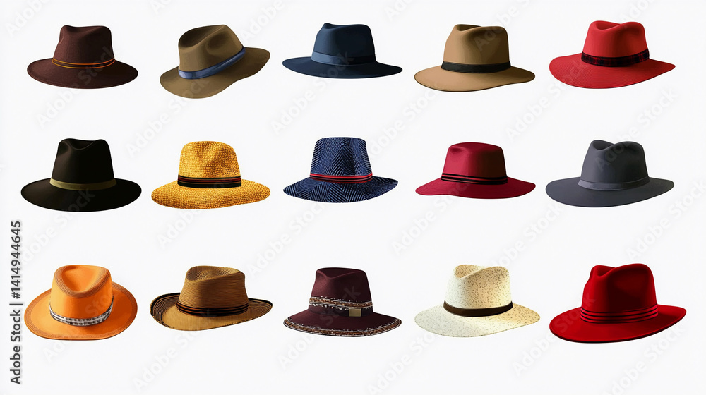 Stylish collection of fifteen unique hats in various designs Generative AI