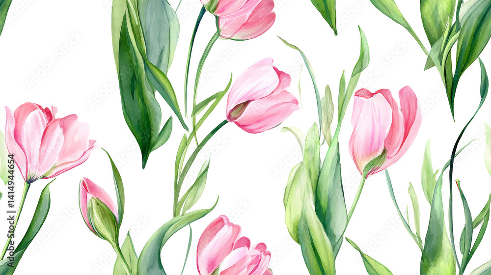 Obraz premium Charming Seamless Watercolor Floral Pattern Featuring Hand-painted Tulips in Delightful Pastel Shades of Pink Violet and Soft Green Leaves