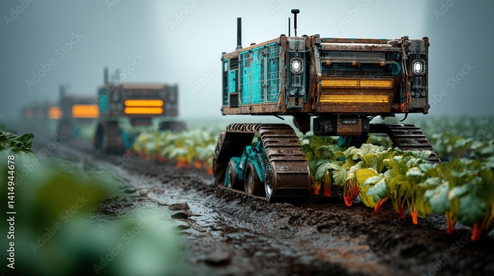 A futuristic farming scene featuring robotic machinery harvesting crops in a misty field, blending technology with agriculture, sustainable futurism A futuristic farming scene featuring robotic machinery harvesting crops in a misty field, blending technology with agriculture, sustainable futurism