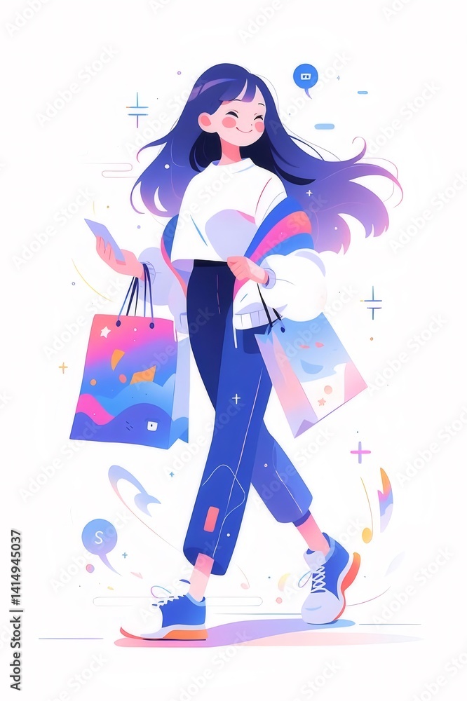 Smiling Young Woman Walking With Shopping Bags And Phone Wearing Blue Pants And White Top Digital Illustration Smiling Young Woman Walking With Shopping Bags And Phone Wearing Blue Pants And White Top Digital Illustration