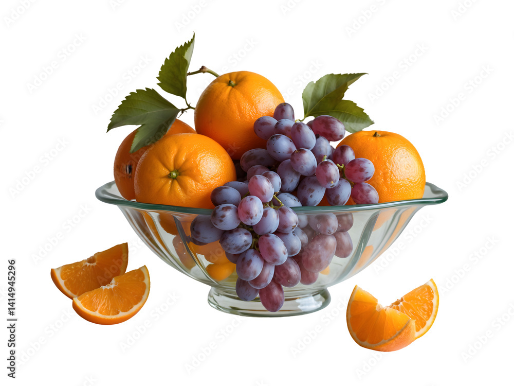 Vibrant still life featuring a glass bowl overflowing with plump purple grapes and juicy oranges, perfect for showcasing nature's bounty and simple elegance