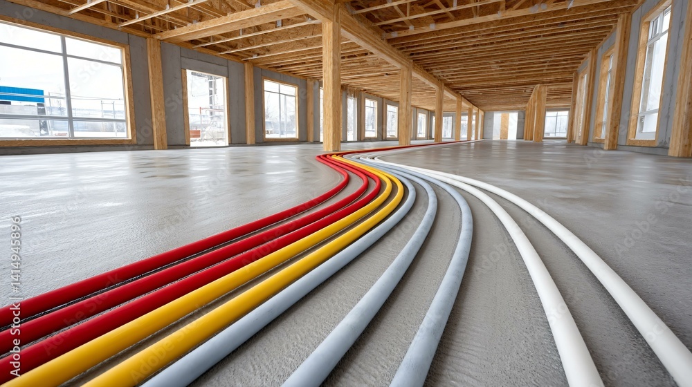 PEX piping system in new house foundation slab with color-coded water lines emerging from concrete, construction in progress