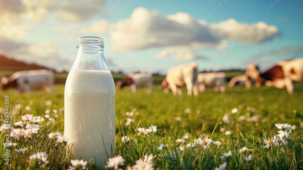 A glass bottle of milk resting in vibrant green grass with daisies under a bright blue sky A glass bottle of milk resting in vibrant green grass with daisies under a bright blue sky