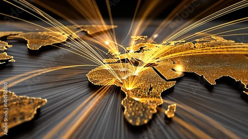 Global network. Shiny, glowing routes across a gold detailed map
