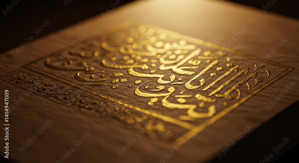 Golden Arabic Calligraphy on Antique Book - Luxurious Islamic art, ancient script, golden details, embossed book cover, spiritual symbolism. Represents faith, heritage, knowledge, beauty Golden Arabic Calligraphy on Antique Book - Luxurious Islamic art, ancient script, golden details, embossed book cover, spiritual symbolism. Represents faith, heritage, knowledge, beauty