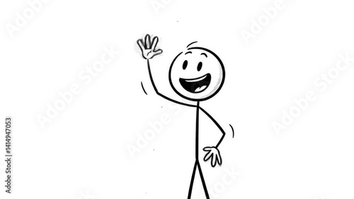 Happy Stick Figure Waving Hello A cheerful stick figure cartoon drawing waves a friendly greeting