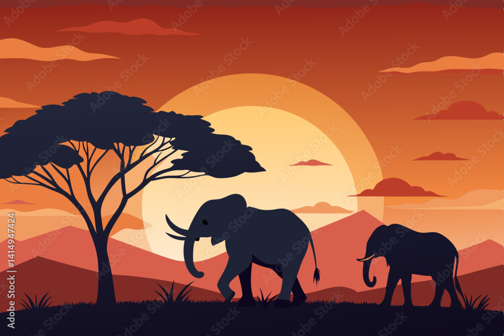Fototapeta premium elephants at sunset