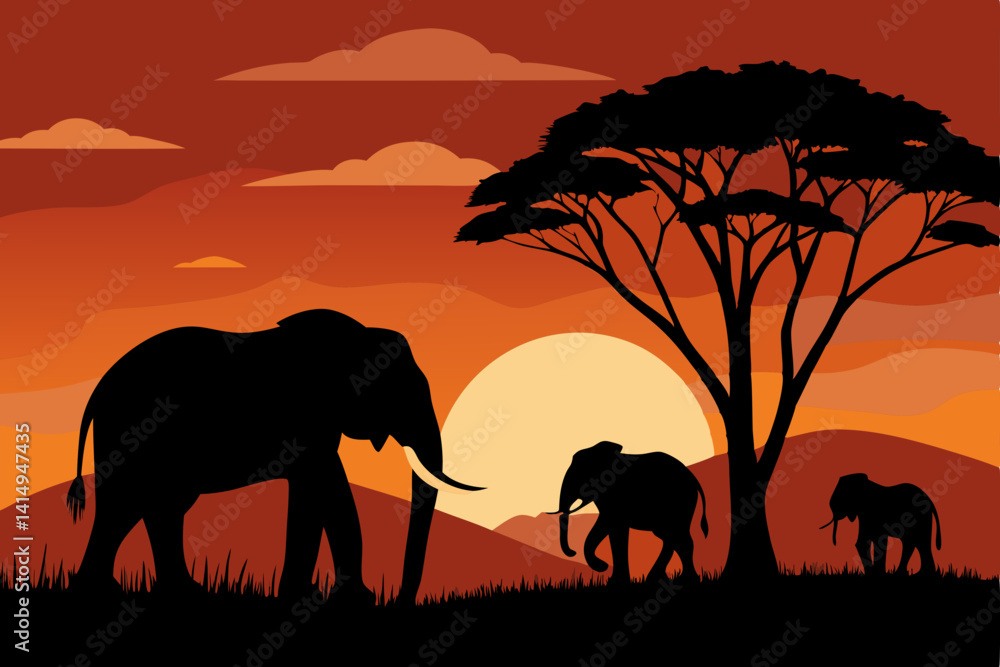 Fototapeta premium elephants on sunset background