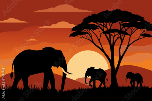 elephants on sunset background