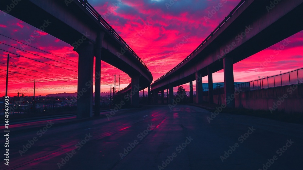 Vibrant Cityscape: Crimson Sunset Under Concrete Overpasses at Dusk Vibrant Cityscape: Crimson Sunset Under Concrete Overpasses at Dusk