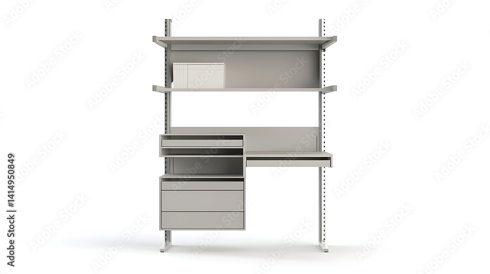 A white shelf unit with a desk and drawers A white shelf unit with a desk and drawers