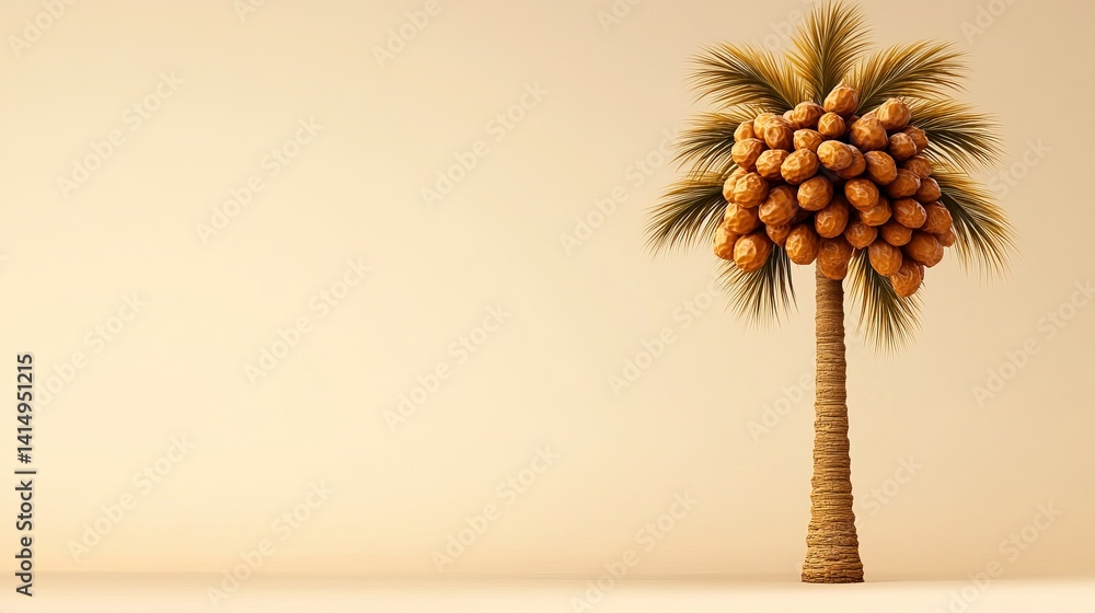 Obraz premium A date palm tree stands with a full crown of dates against a pale neutral background.