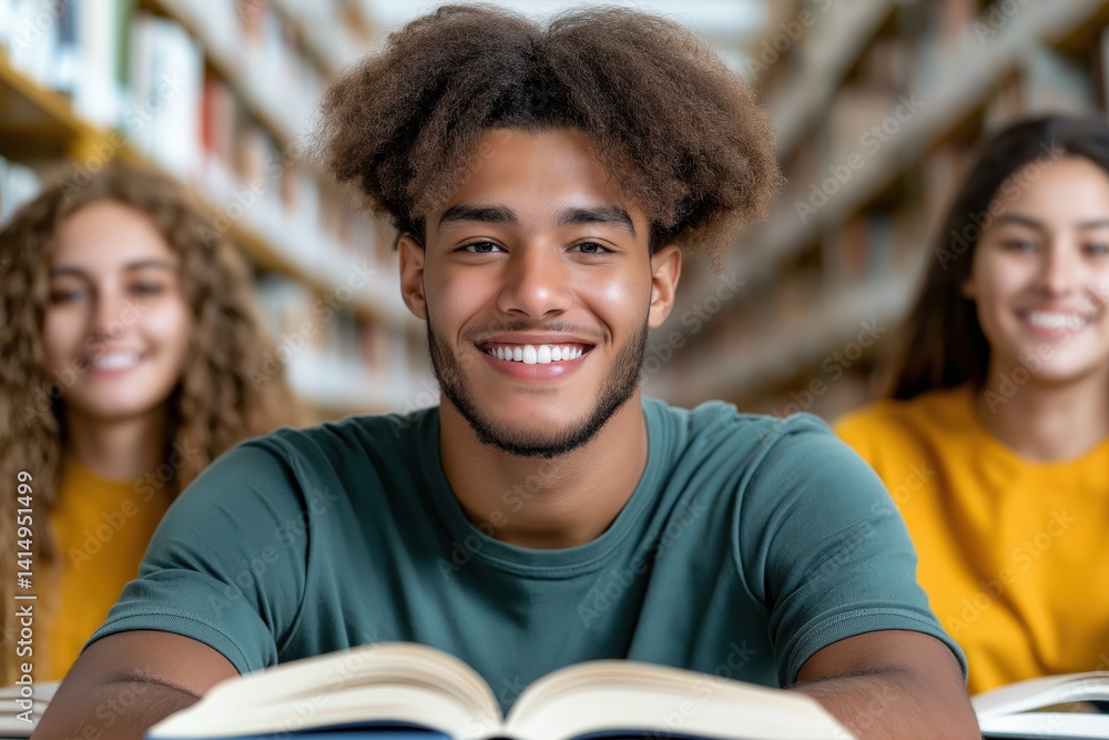 Students engage in collaborative brainstorming and research in a vibrant library filled with books enhancing academic success Students engage in collaborative brainstorming and research in a vibrant library filled with books enhancing academic success