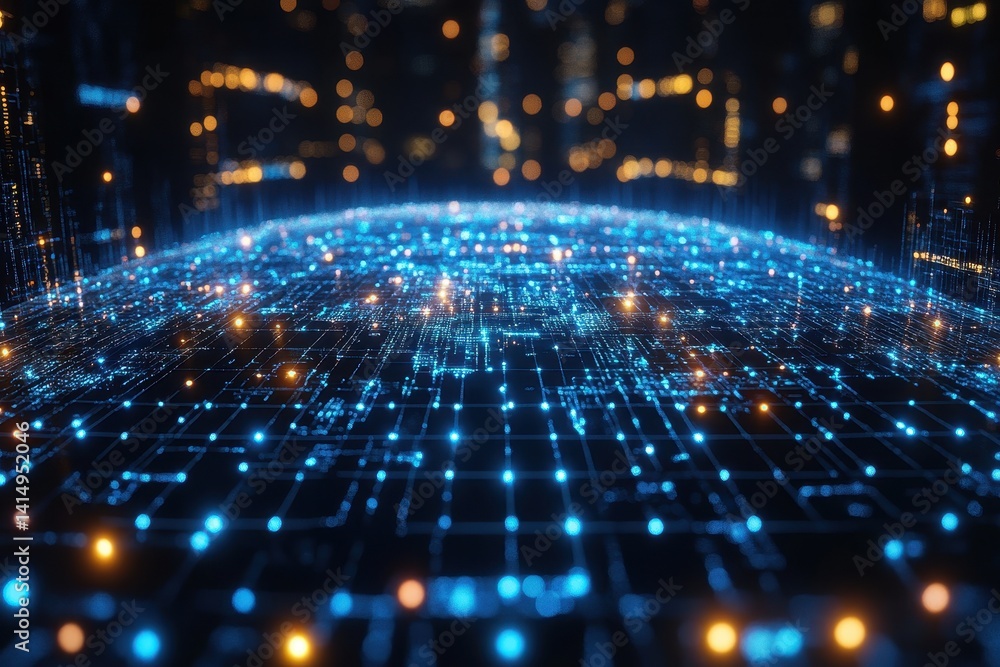 Digital landscape of interconnected data points illuminated at night in a futuristic setting Digital landscape of interconnected data points illuminated at night in a futuristic setting