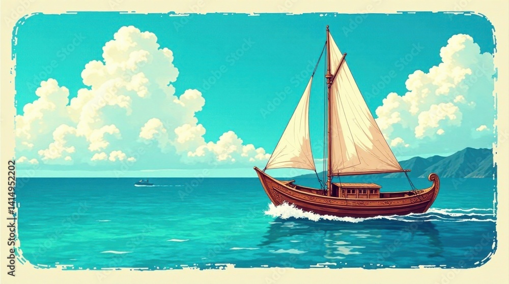 Fototapeta premium Serene Sailboat Voyage Across a Calm Azure Sea Under a Sky Adorned with Fluffy Clouds