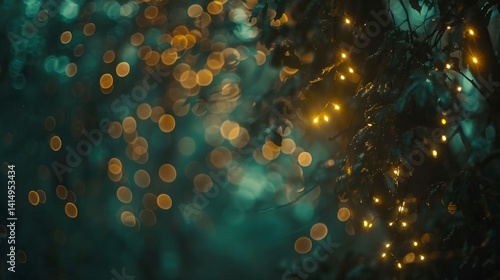 Magical Forest Bokeh: Teal And Gold Holiday Lights Stock Photo
