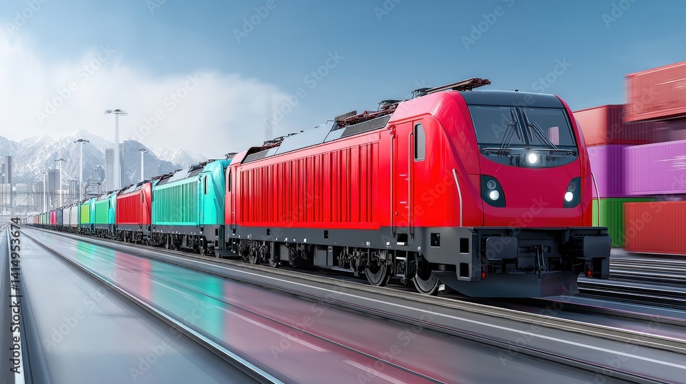 A vibrant train with colorful carriages travels along a rail line, surrounded by containers and mountains under a clear blue sky, sustainable futurism A vibrant train with colorful carriages travels along a rail line, surrounded by containers and mountains under a clear blue sky, sustainable futurism