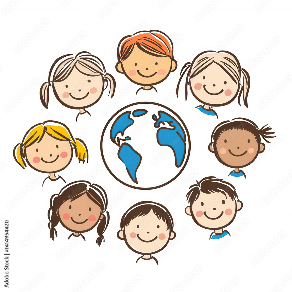 A cheerful illustration of diverse children surrounding a globe, symbolizing unity and friendship among cultures. Perfect for educational or community-themed purposes. A cheerful illustration of diverse children surrounding a globe, symbolizing unity and friendship among cultures. Perfect for educational or community-themed purposes.