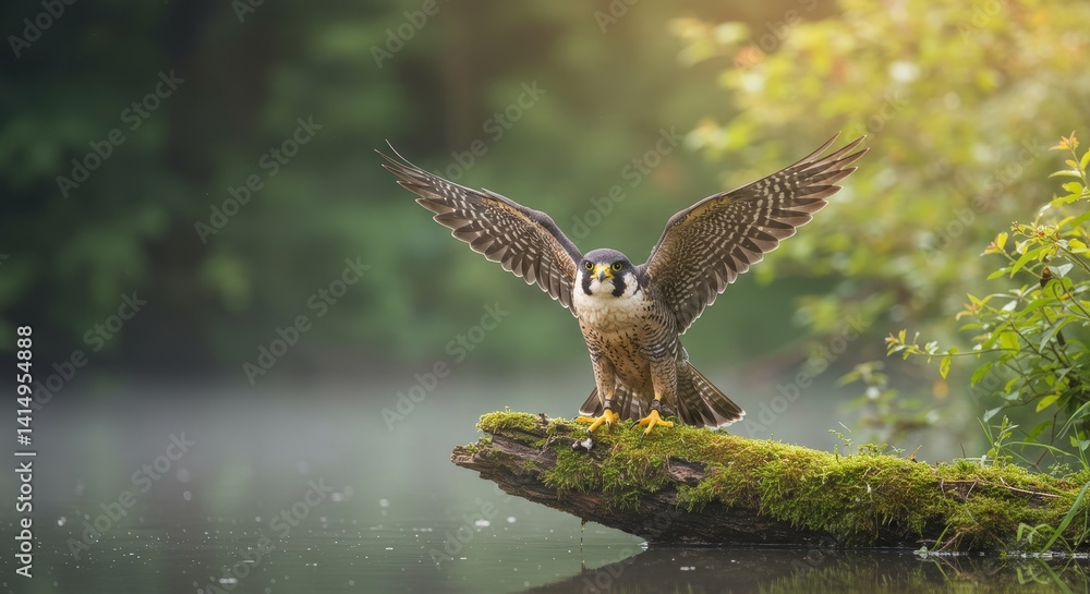 Fototapeta premium Majestic Peregrine Falcon on Mossy Log - A peregrine falcon with wings spread sits on a mossy log over tranquil water, bathed in soft sunlight
