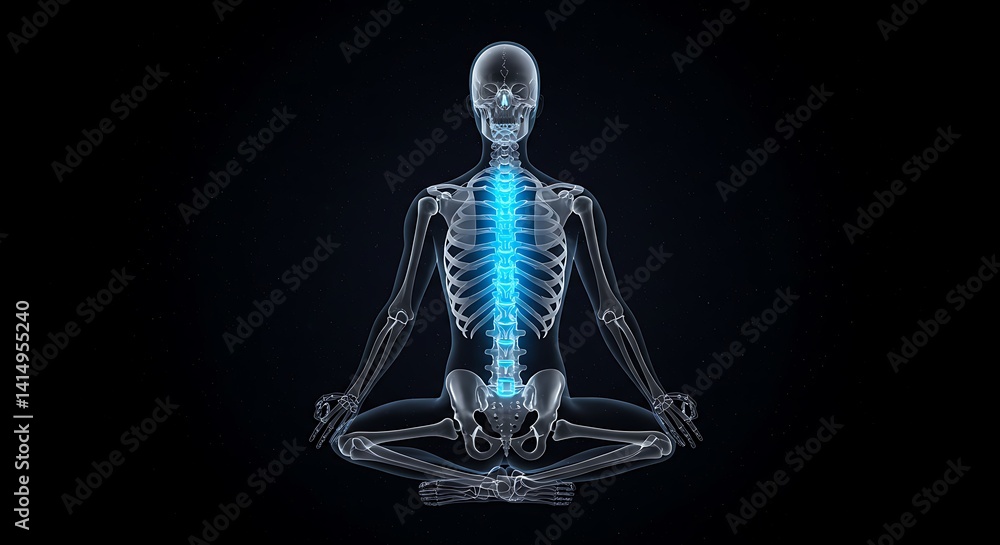 Radiant spinal health portrayed through a meditative posture skeleton x-ray Radiant spinal health portrayed through a meditative posture skeleton x-ray