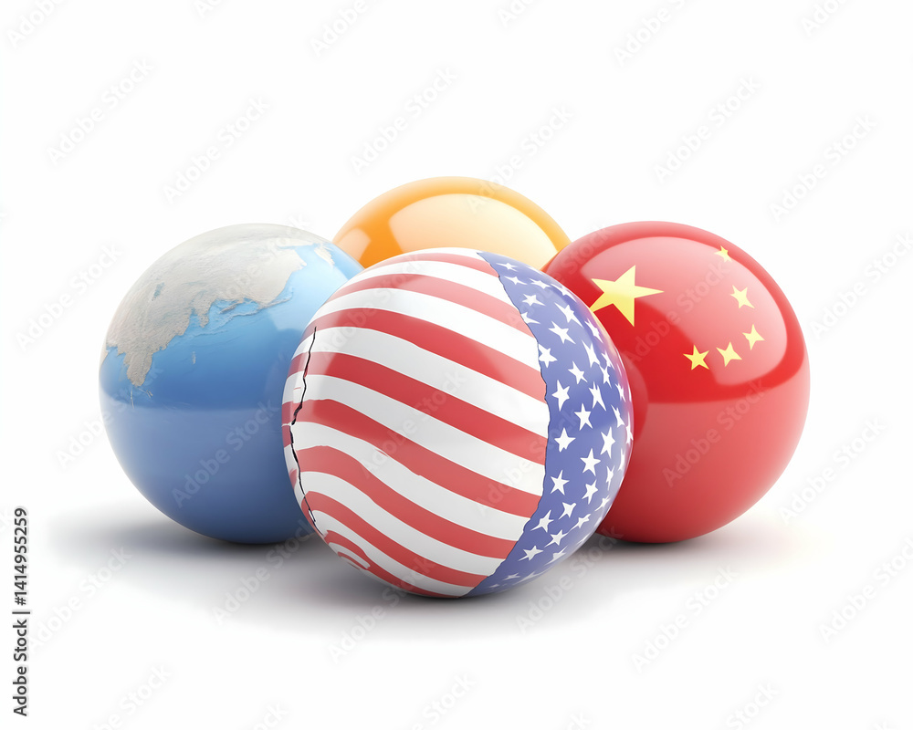 Fototapeta premium Four glossy spheres, depicting world maps and national flags, clustered together on a white background . Generative AI