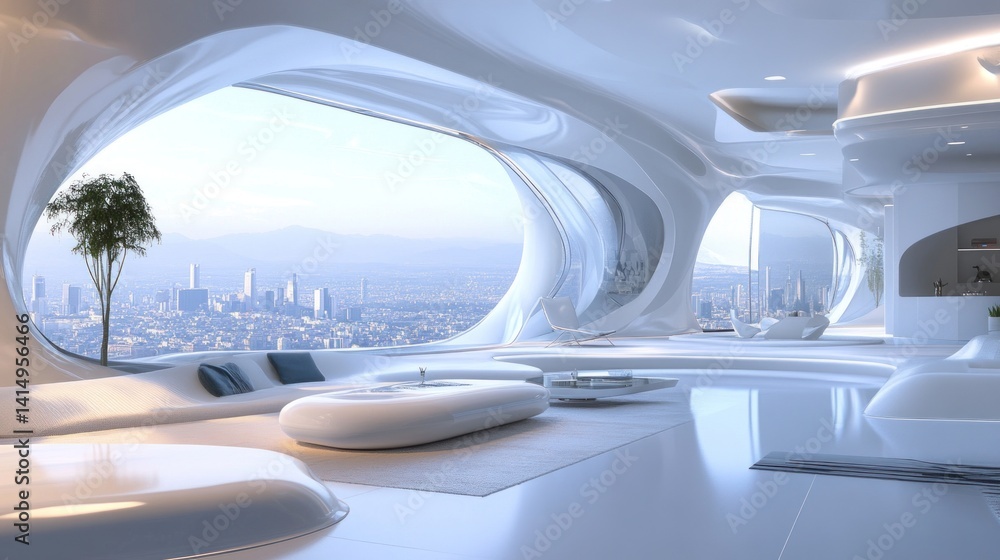 Fototapeta premium Futuristic Cityscape Apartment: Panoramic View