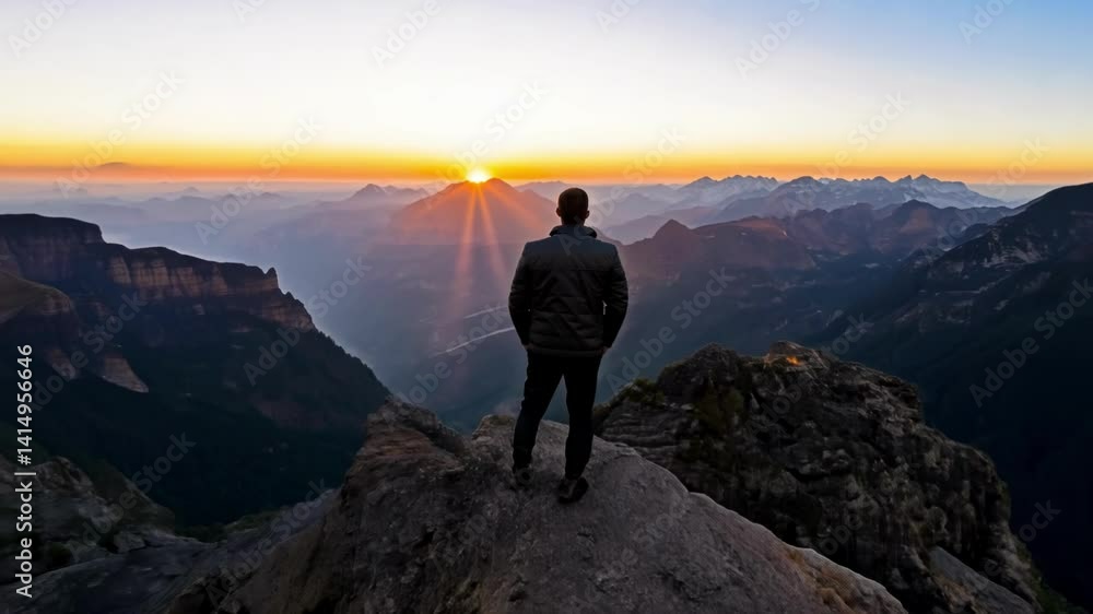 Silhouette of person standing on mountain peak watching majestic sunset. solitary figure observes as golden sunlight gradually spreads across distant mountains, creating a breathtaking panoramic vista Silhouette of person standing on mountain peak watching majestic sunset. solitary figure observes as golden sunlight gradually spreads across distant mountains, creating a breathtaking panoramic vista
