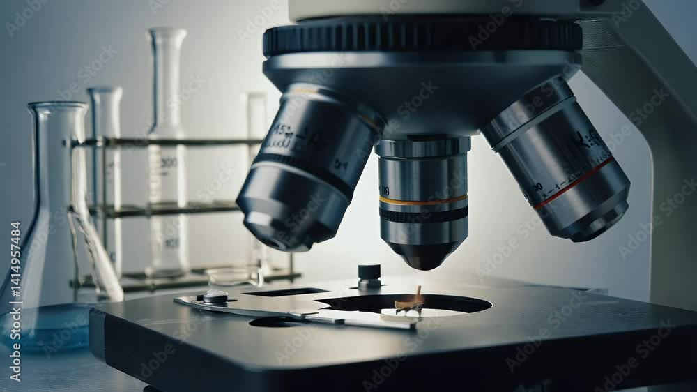 Laboratory microscope with beakers and equipment. Laboratory microscope with beakers and equipment.
