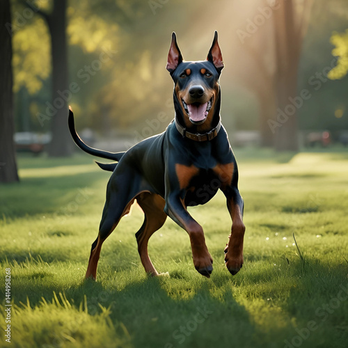 Doberman dog playing in the park happily