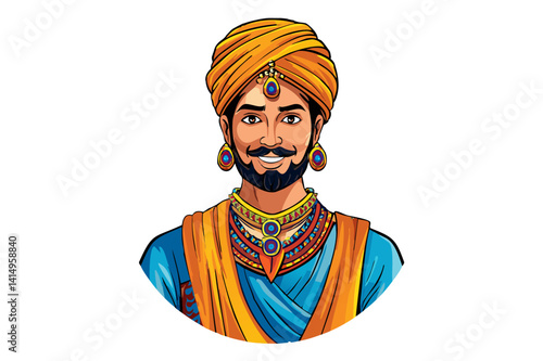 Illustration depicts a man in a turban in traditional indian attire with jewelry