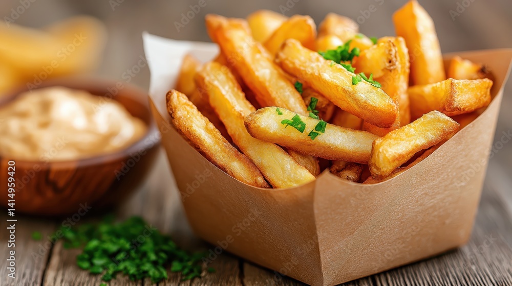 Crispy crinkle-cut fries served with creamy mayo on a rustic wooden table setting