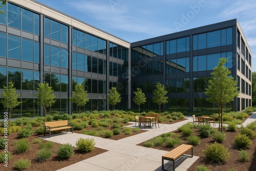 Modern Office Courtyard with Greenery and Stylish Seating Areas