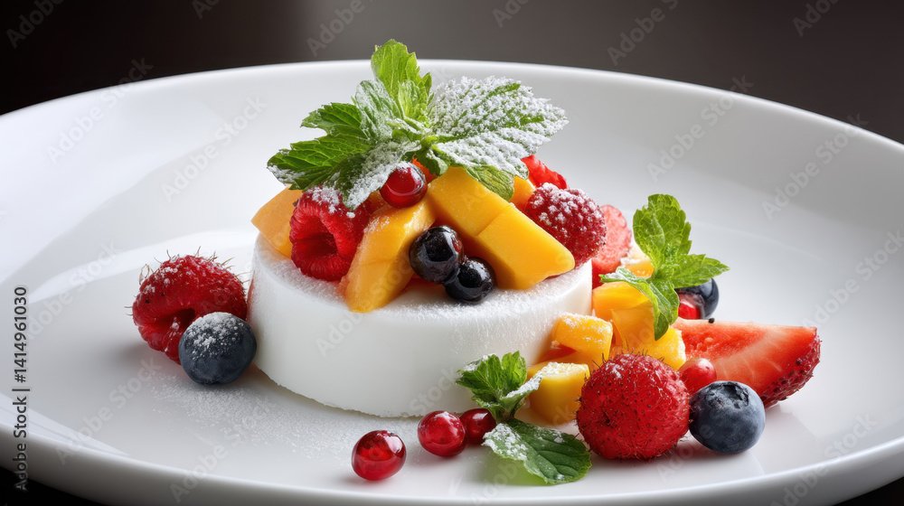 Delicious Mango and Raspberry Dessert with Mint Garnish on White Plate A perfect summer treat Delicious Mango and Raspberry Dessert with Mint Garnish on White Plate A perfect summer treat