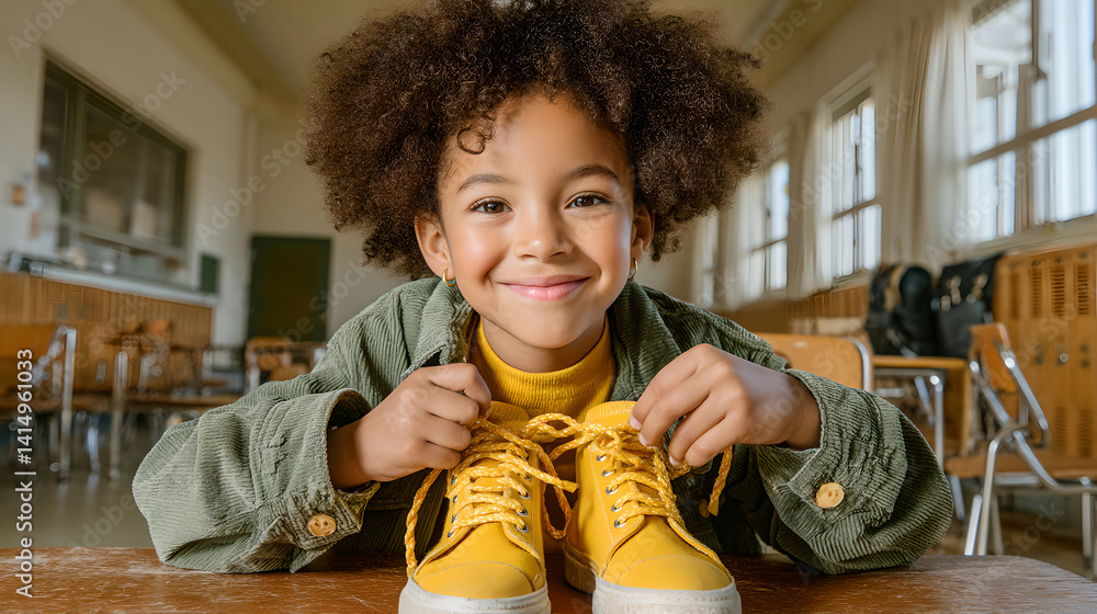 Smiling Girl Tying Yellow Sneakers in School Hallway