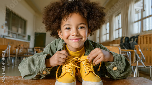 Obraz na płótnie Smiling Girl Tying Yellow Sneakers in School Hallway w salonie