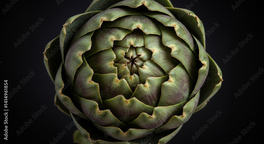 Obraz premium Overhead Close Up of a Fresh Green Artichoke Against a Dark Black Background