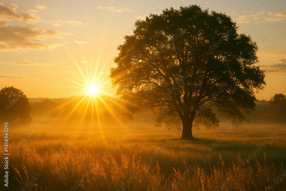 Obraz premium Majestic Sunrise Over a Serene Field with Lone Tree Silhouette