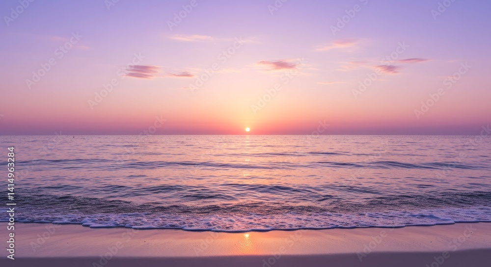 Obraz premium Pastel Sunset Beach Scene - Serene ocean waves gently lapping a sandy shore at sunset. Symbolizes peace, tranquility, hope, renewal, and escape