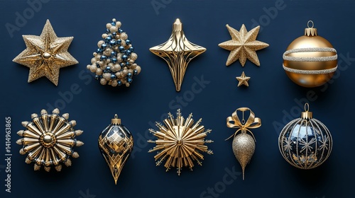 Festive gold and blue Christmas ornaments arranged on a navy background.