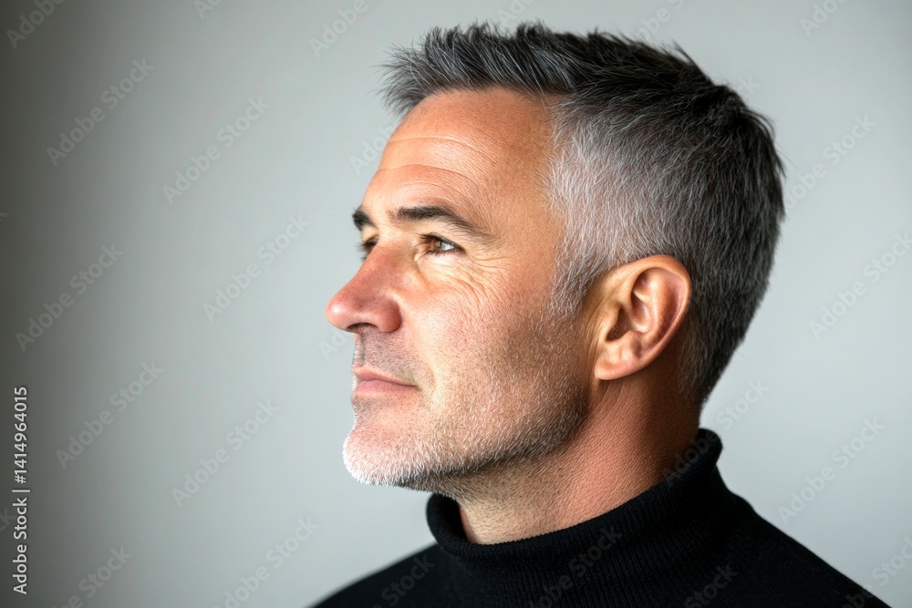 Obraz premium A joyful male captured in a professional portrait. Concept art of style for aging men. Elegant men's high and tight haircut - midlife white man with black hair. Pure white solid backgrou.