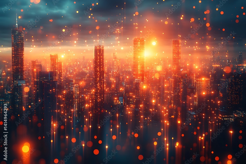 Fototapeta premium Fiery, glowing futuristic city skyline at sunrise.