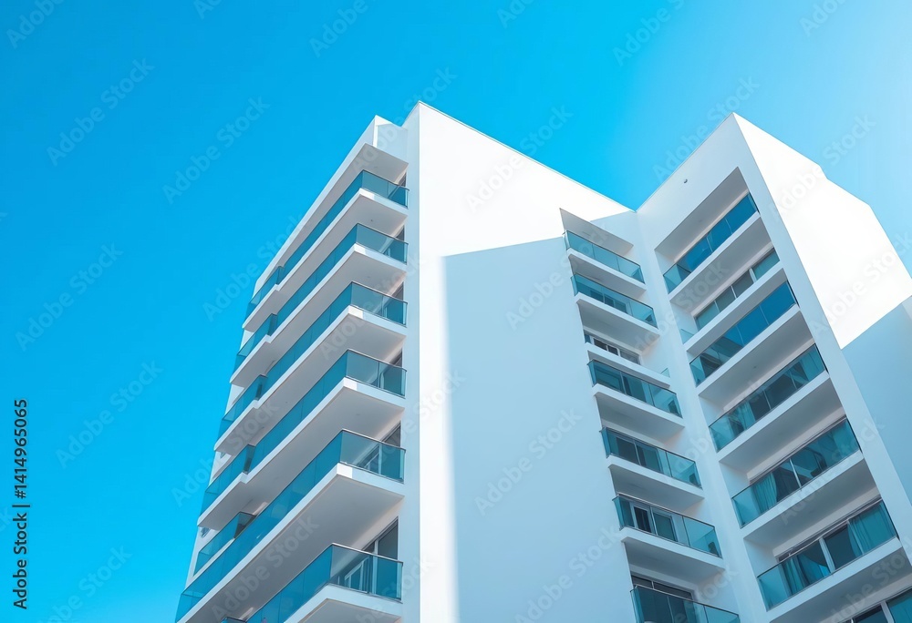 Clean white building, glass balconies, bright blue sky, minimalist architecture, skyscraper, facade Clean white building, glass balconies, bright blue sky, minimalist architecture, skyscraper, facade
