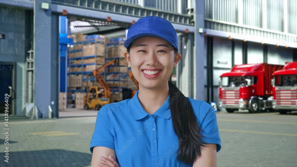 Close Up Of Asian Female Courier In Blue Uniform Smiling Crossing Her Arms, Outside Warehouse Close Up Of Asian Female Courier In Blue Uniform Smiling Crossing Her Arms, Outside Warehouse