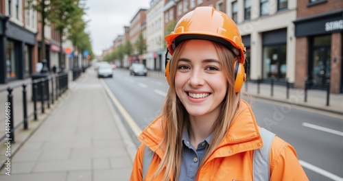 Assured female construction professional wearing safety gear including helmet with mounted headlamp and ear defenders, smiling powerfully amid urban street reconstruction project