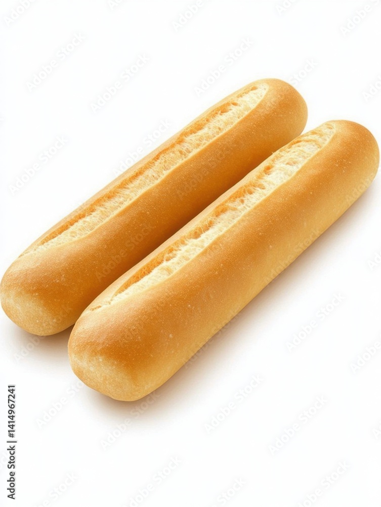 Two fresh crusty baguettes on a white background showcasing bakery product food photography studio shot Two fresh crusty baguettes on a white background showcasing bakery product food photography studio shot