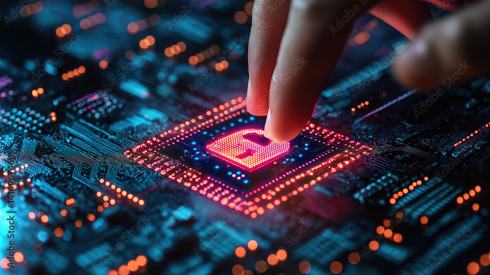 Obraz premium Human finger touching a virtual padlock icon on a digital circuit board displaying cybersecurity concept