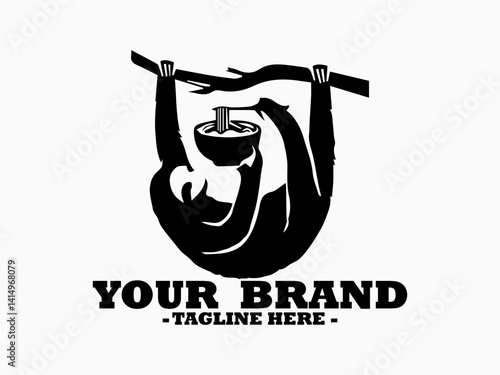 Dark silhouette illustration of a cute sloth hanging upside down from a tree branch while eating noodles from a bowl with chopsticks. sloth  animal concept, sloth vector design, sloth logo design